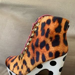Iron Fist platform heeled booties leopard print and polka dot
